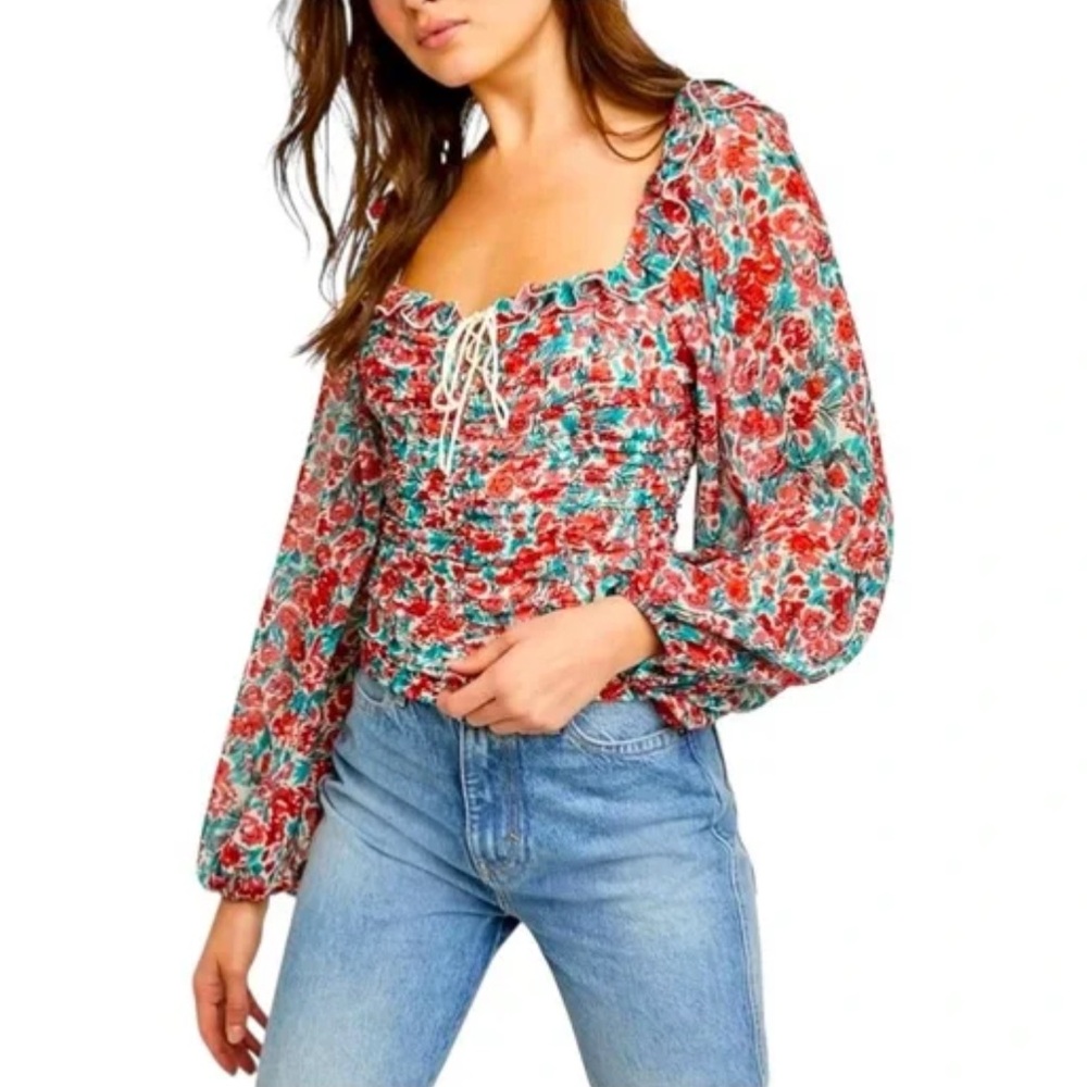 Free People Women’s Mabel Floral-Print Blouse Rose Combo Size XS